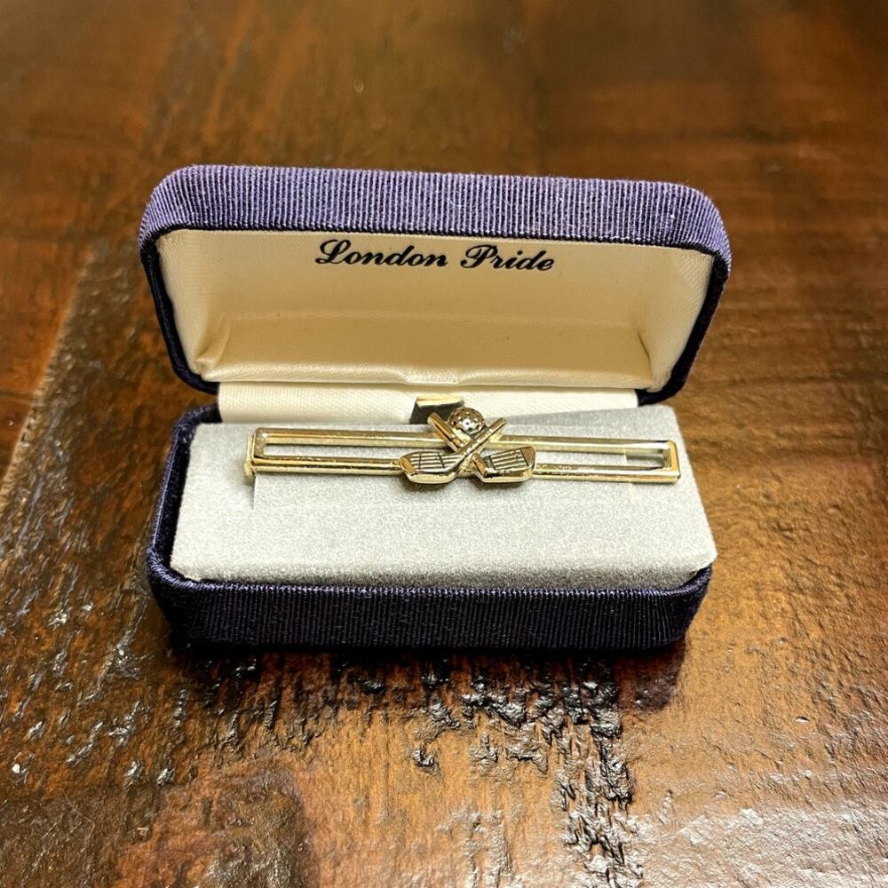 Vintage Golf Club Tie Clip Gold Tone Men's Tie Bar w/ Original Case